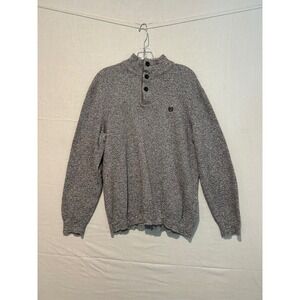 Chaps Mens Gray Marl Quarter Button Mock Neck Sweater Elbow Patches Large